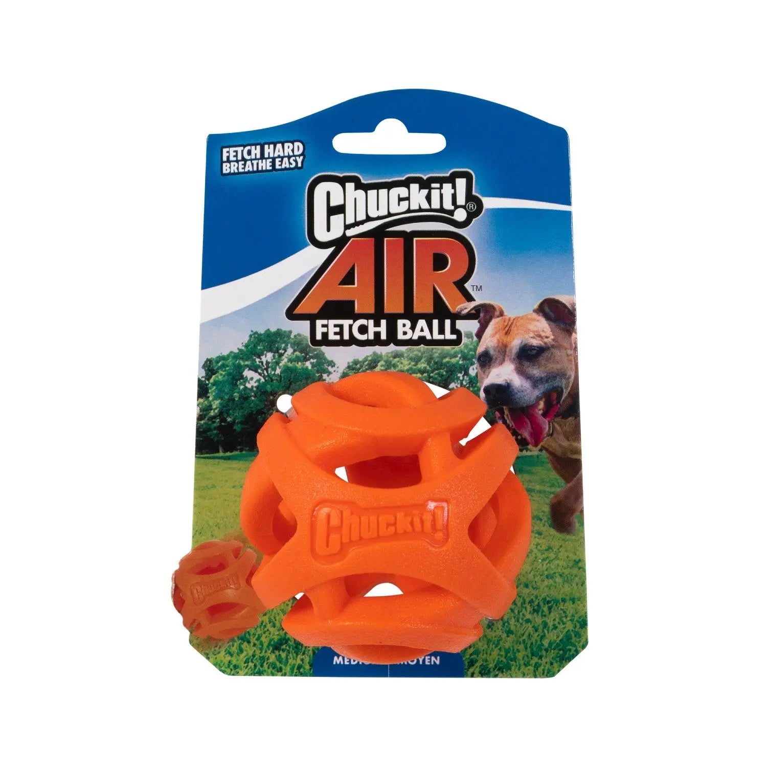 Chuckit! Air Fetch Ball in vibrant orange packaging, perfect for outdoor dog play and fetch activities.