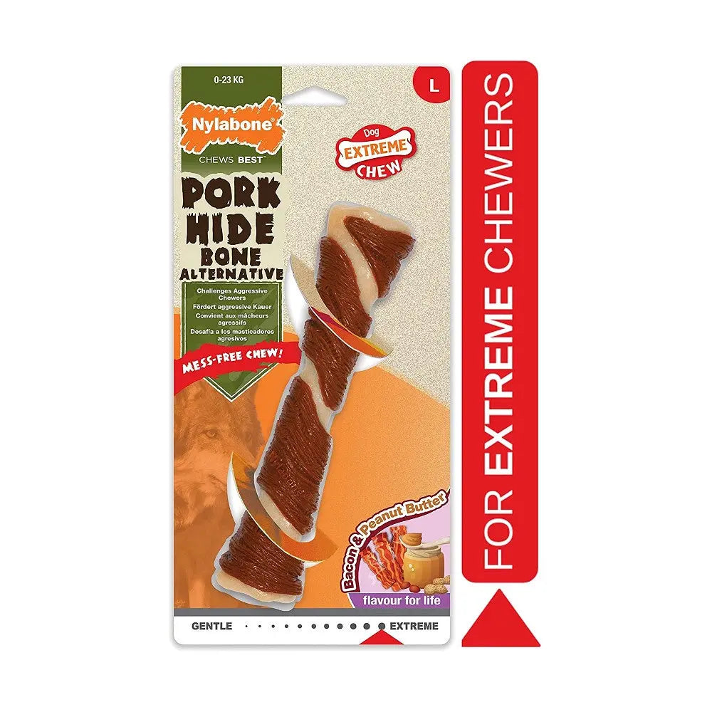 Nylabone pork hide bone alternative for extreme chewers, featuring a peanut butter flavor.