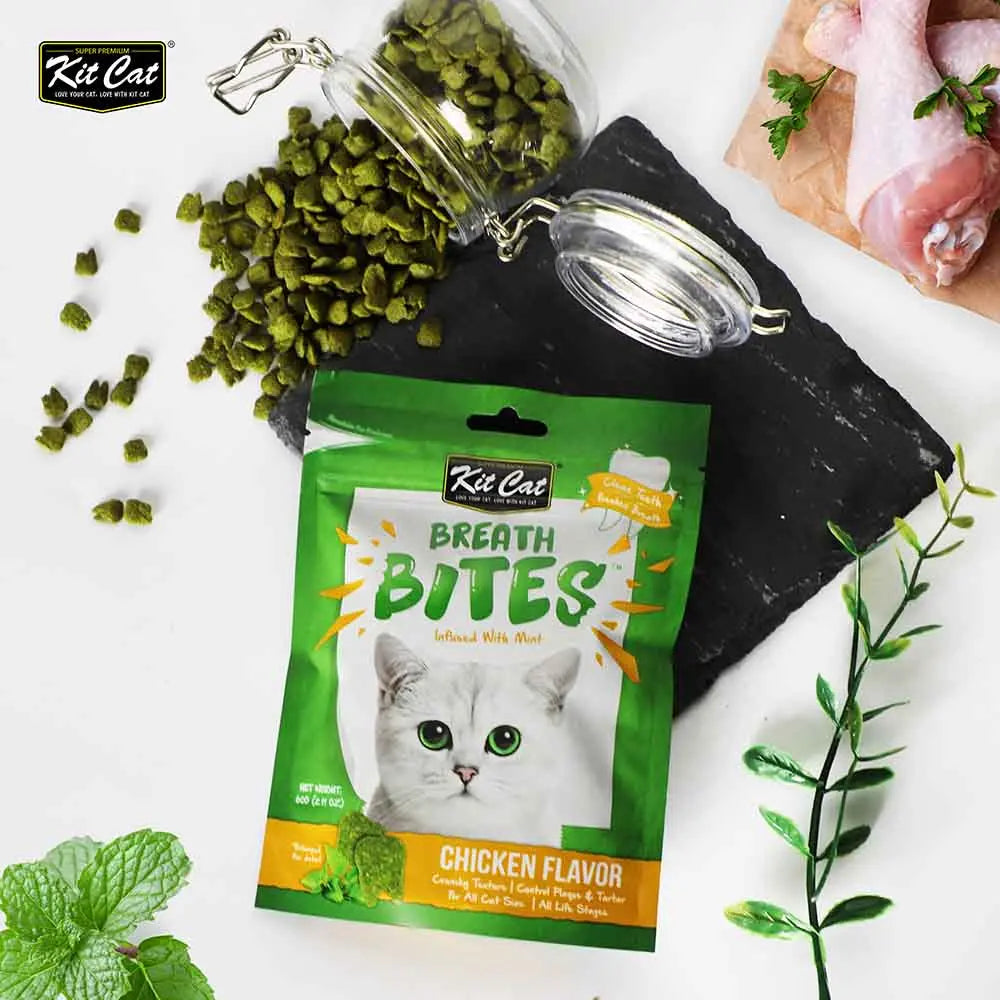 Kit Cat Breath Bites chicken flavor cat treats with mint, healthy ingredients, and stylish packaging.
