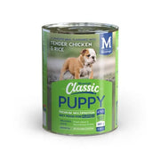 Canned puppy food with tender chicken and rice for healthy growth and nutrition.