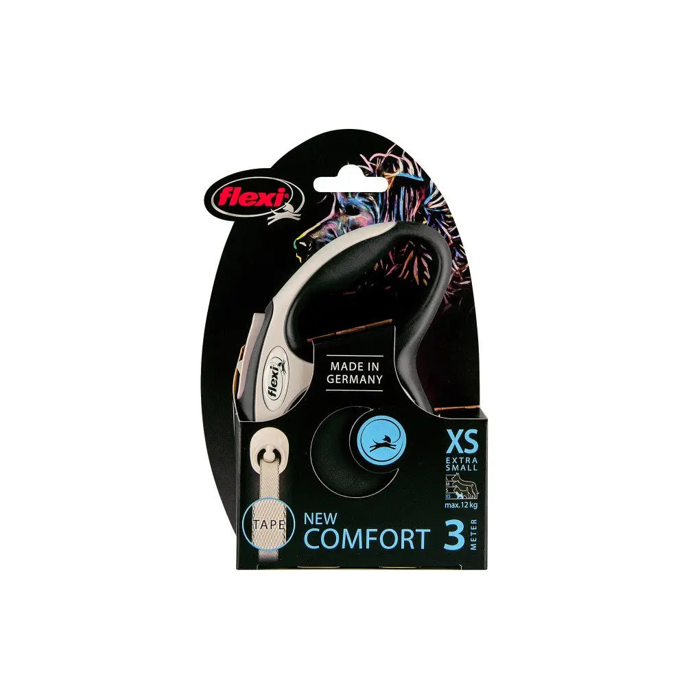 Flexi Comfort XS dog leash packaging, featuring ergonomic design and made in Germany for easy handling.