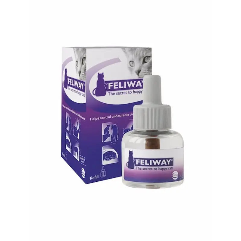 Feliway cat calming diffuser refill bottle with packaging for reducing stress in cats.