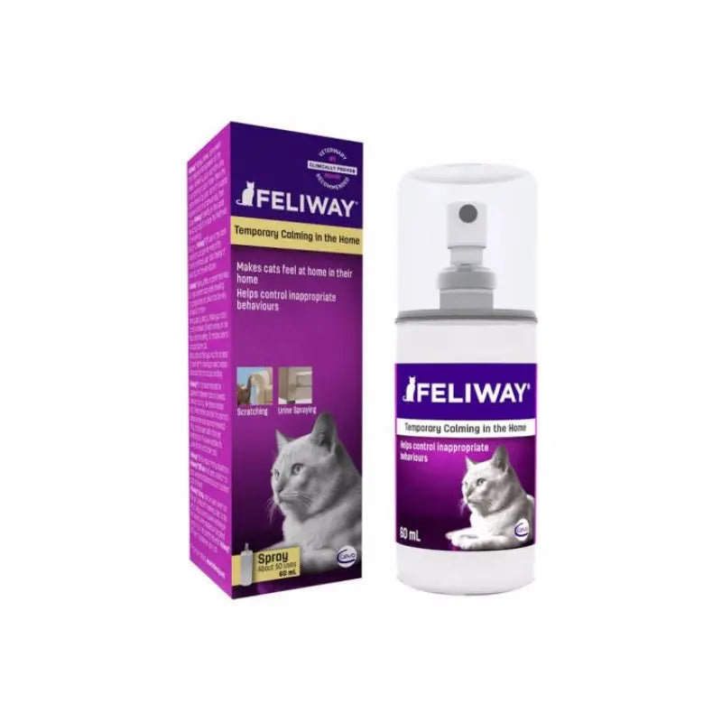 Feliway calming spray for cats, 60 mL, helps reduce stress and inappropriate behaviors at home.