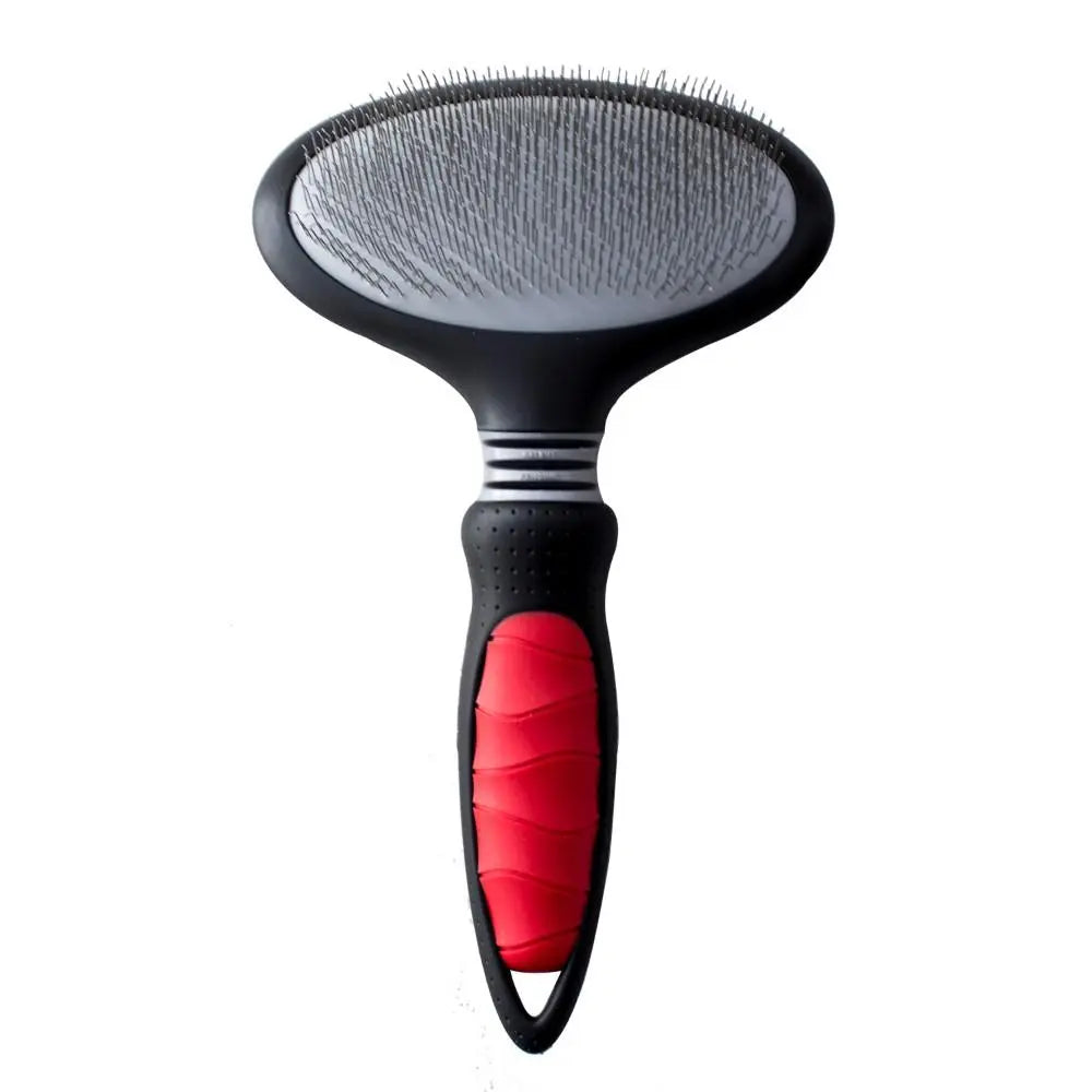 Pet grooming brush with a comfortable grip for effective fur removal and detangling.