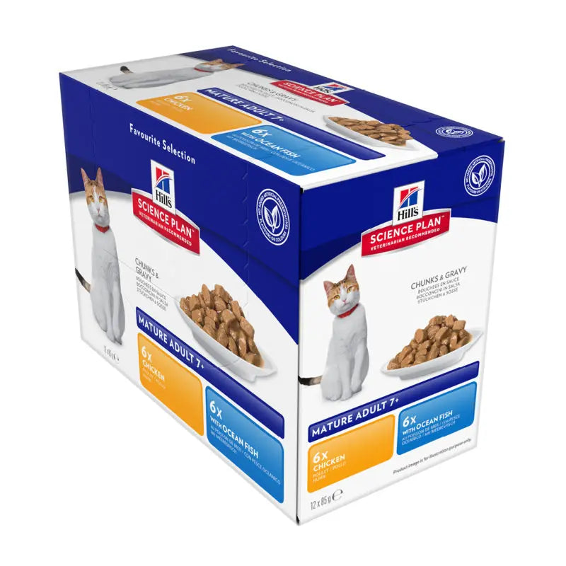 Hill's Science Plan cat food box featuring chunks in gravy with chicken and ocean fish for mature adults.