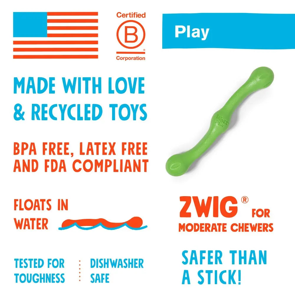 Green dog toy made from recycled materials, safe for moderate chewers, and floats in water.