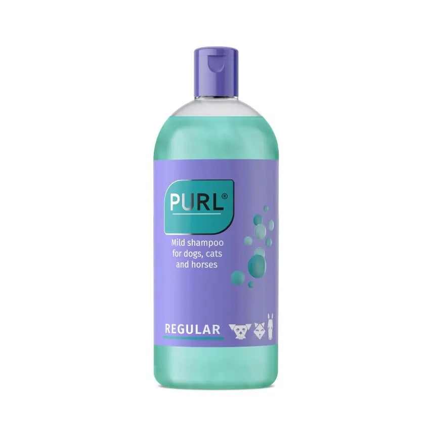 Mild shampoo for dogs, cats, and horses in a 500ml bottle with a vibrant purple label.