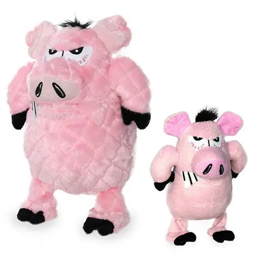 Two plush pig toys, one large and one small, featuring playful expressions and soft textures.