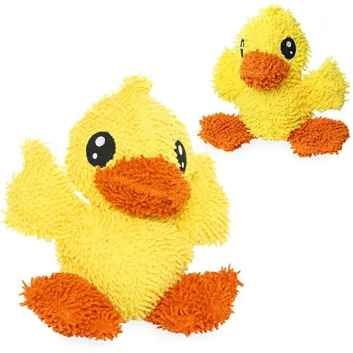 Soft yellow duck plush toy with orange accents, perfect for cuddling and playtime.