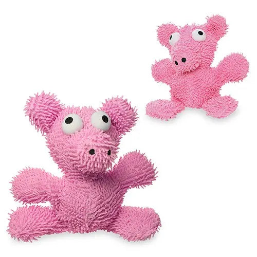 Pink plush pig toy with textured surface and large eyes, perfect for playful pets.