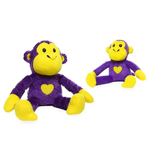 Purple and yellow plush monkey toys with heart designs, perfect for cuddling and playtime.