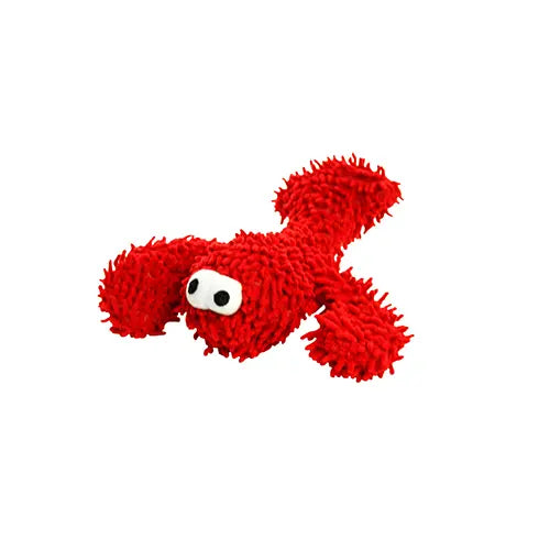 Red plush dog toy with a textured surface and playful design for interactive fun.
