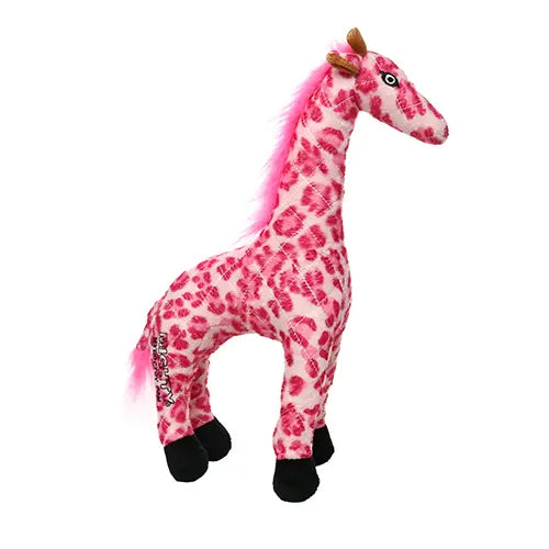 Pink giraffe plush toy with a unique spotted design and playful features for kids.