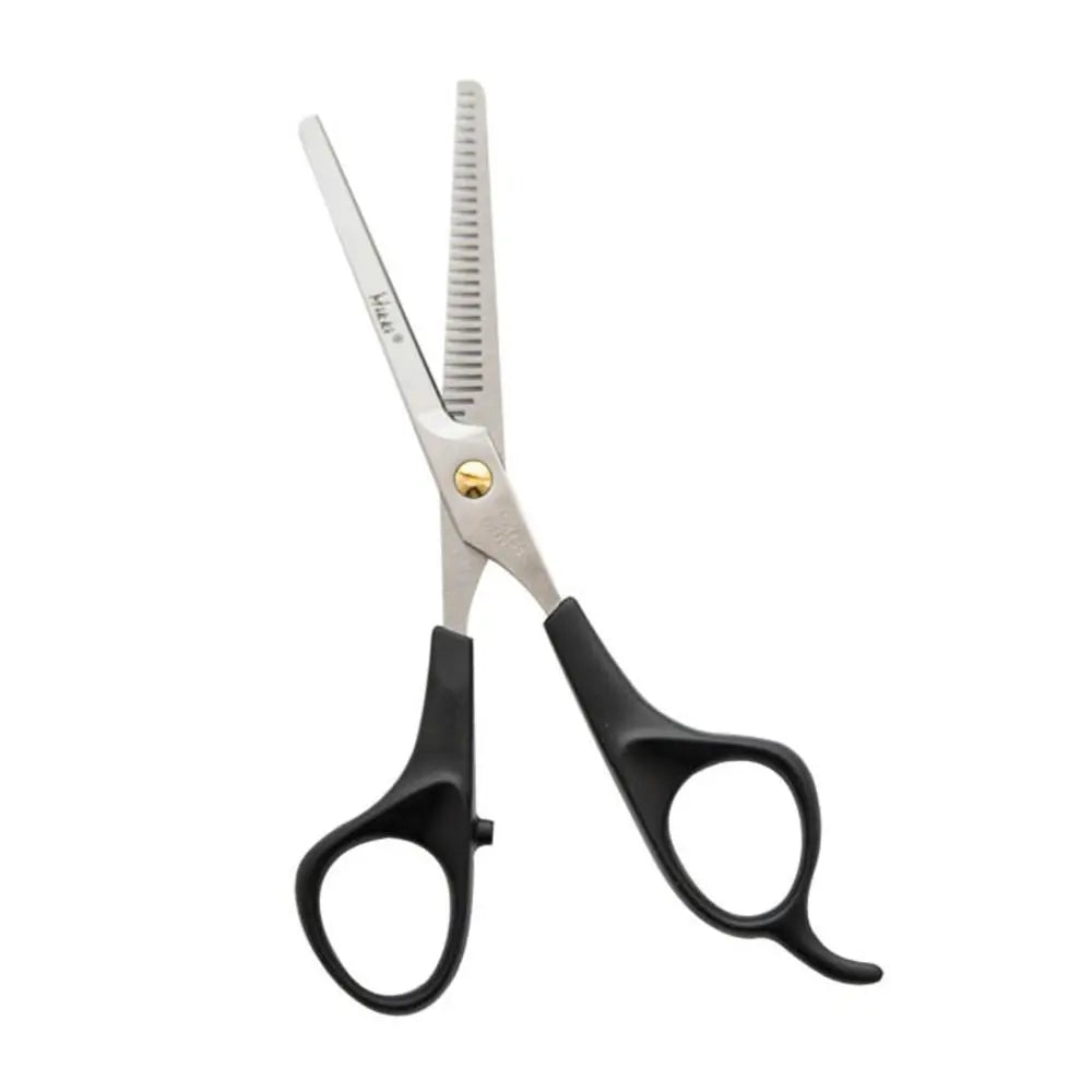 Professional thinning shears with stainless steel blades and ergonomic black handles for precise hair cutting.