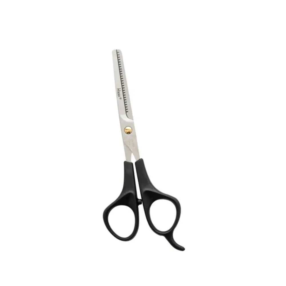 Black-handled scissors with a serrated blade for precise cutting and crafting tasks.