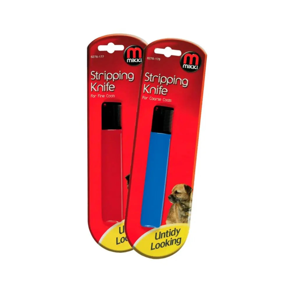 Mikki stripping knives in red and blue for grooming.