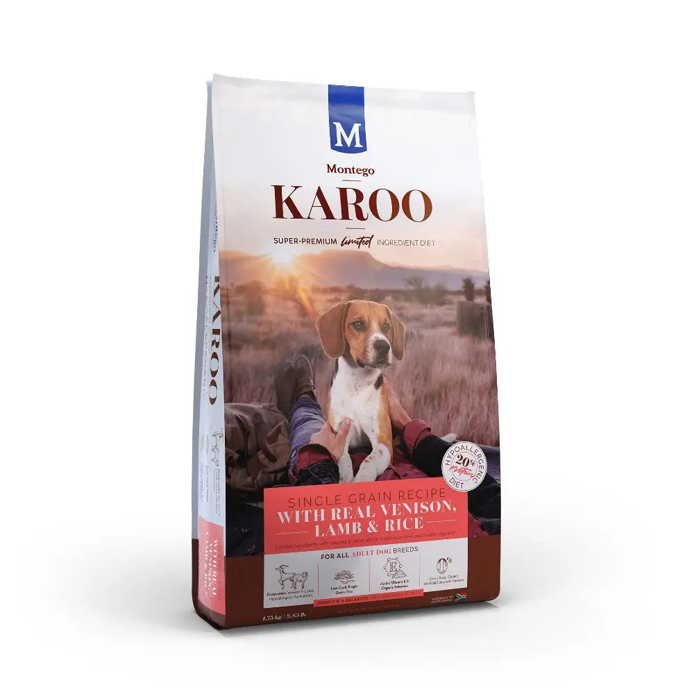 Montego Karoo dog food bag featuring real venison, lamb, and rice for a nutritious diet.