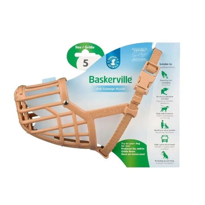 Baskerville anti-scavenge muzzle for dogs, size 5, designed for safety and comfort during walks.
