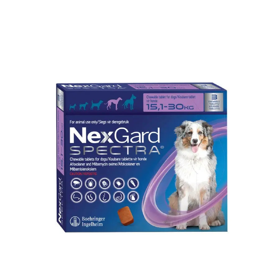 NexGard Spectra chewable tablets for dogs, effective flea and tick prevention for 15.1-30 kg pets.