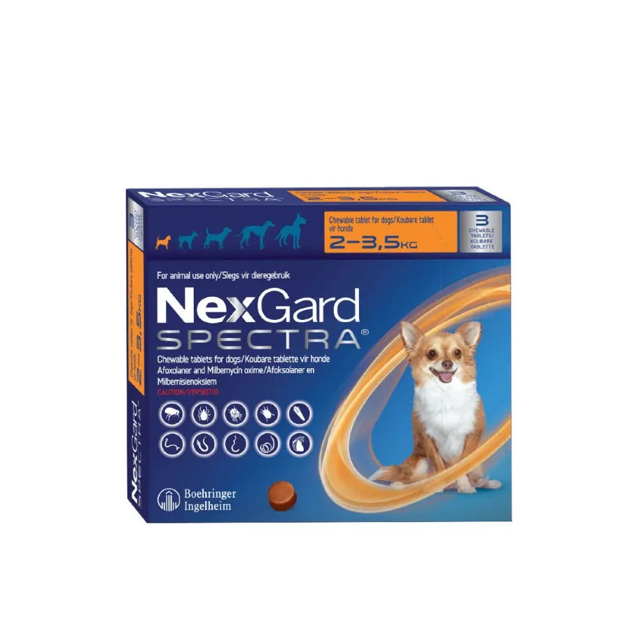 NexGard Spectra chewable tablets for dogs 2-3.5 kg, effective parasite protection and easy dosing.