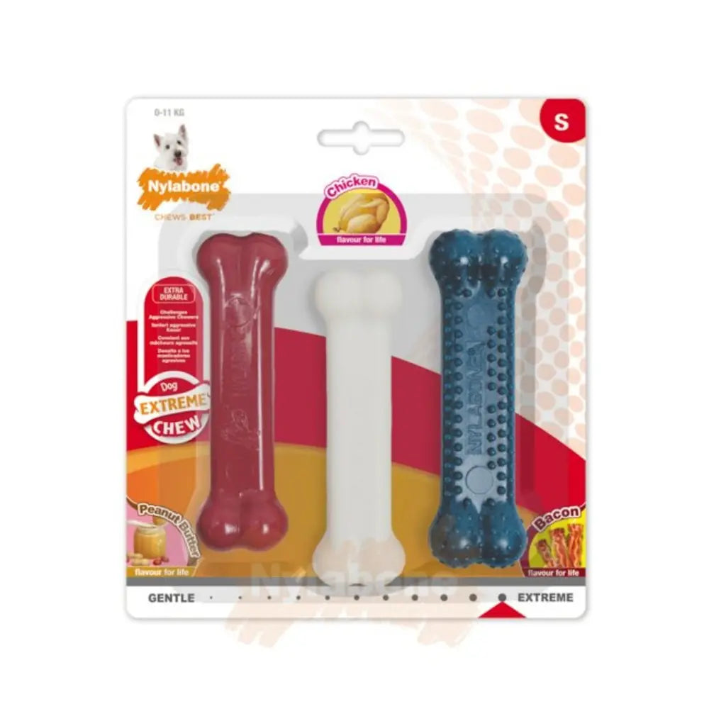 Nylabone dog chew toys in assorted flavors for extreme chewers, ideal for dental health and playtime.