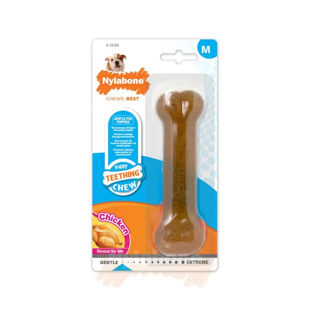 Nylabone puppy teething chew toy in chicken flavor, perfect for gentle chewing and dental health.
