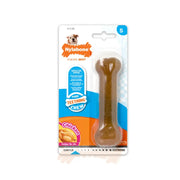 Nylabone puppy teething chew in bone shape, ideal for gentle chewing and flavor enjoyment.
