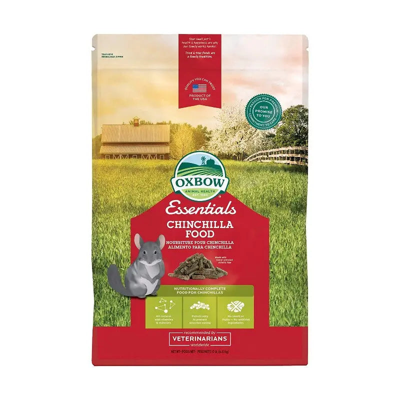 Oxbow Essentials Chinchilla Food bag featuring natural ingredients and a scenic farm background.