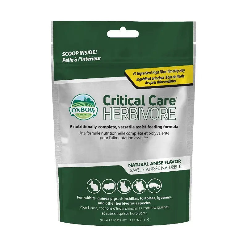 Oxbow Critical Care Herbivore food bag for small animals, featuring a natural anise flavor and nutritional formula.