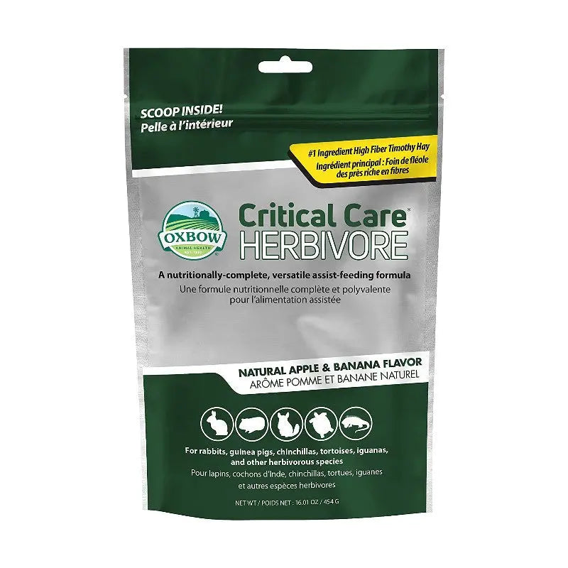 Oxbow Critical Care Herbivore food bag with apple and banana flavor for small animals.