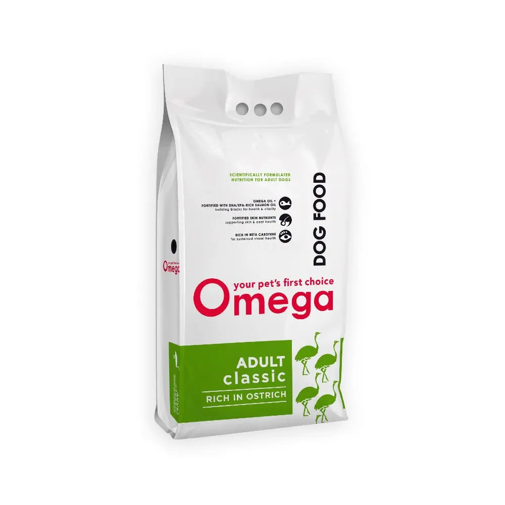 Omega dog food bag, adult formula rich in ostrich, designed for optimal pet nutrition.