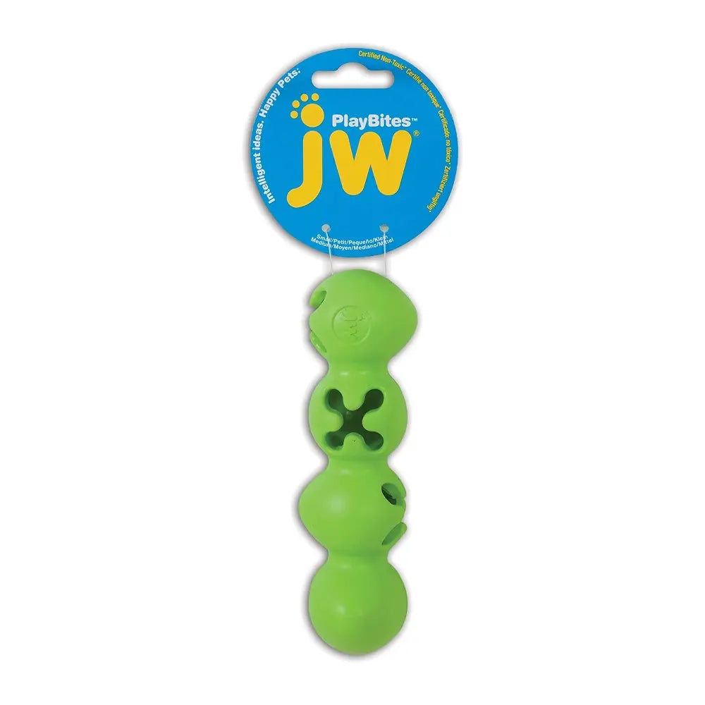 Green JW PlayBites dog toy, designed for interactive play and dental health.