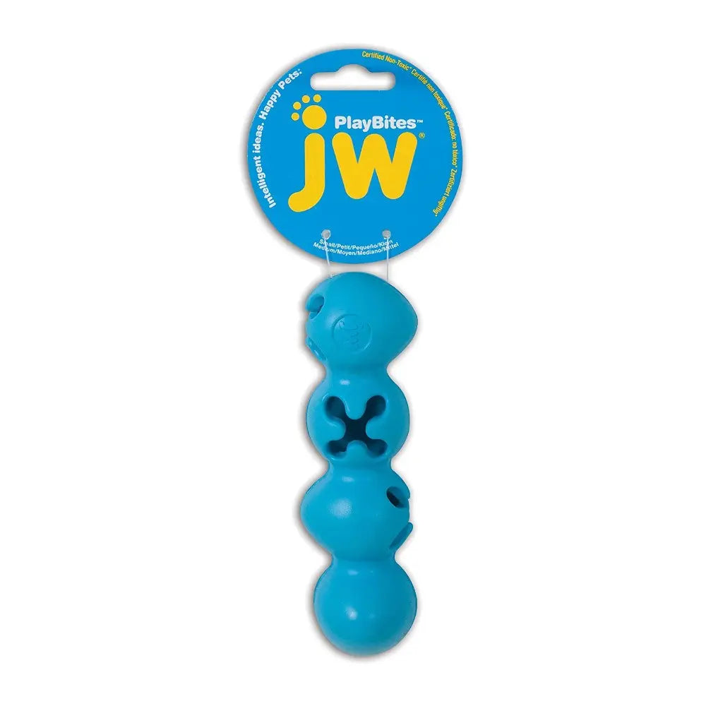 Blue dog toy from JW PlayBites, designed for interactive play and dental health.