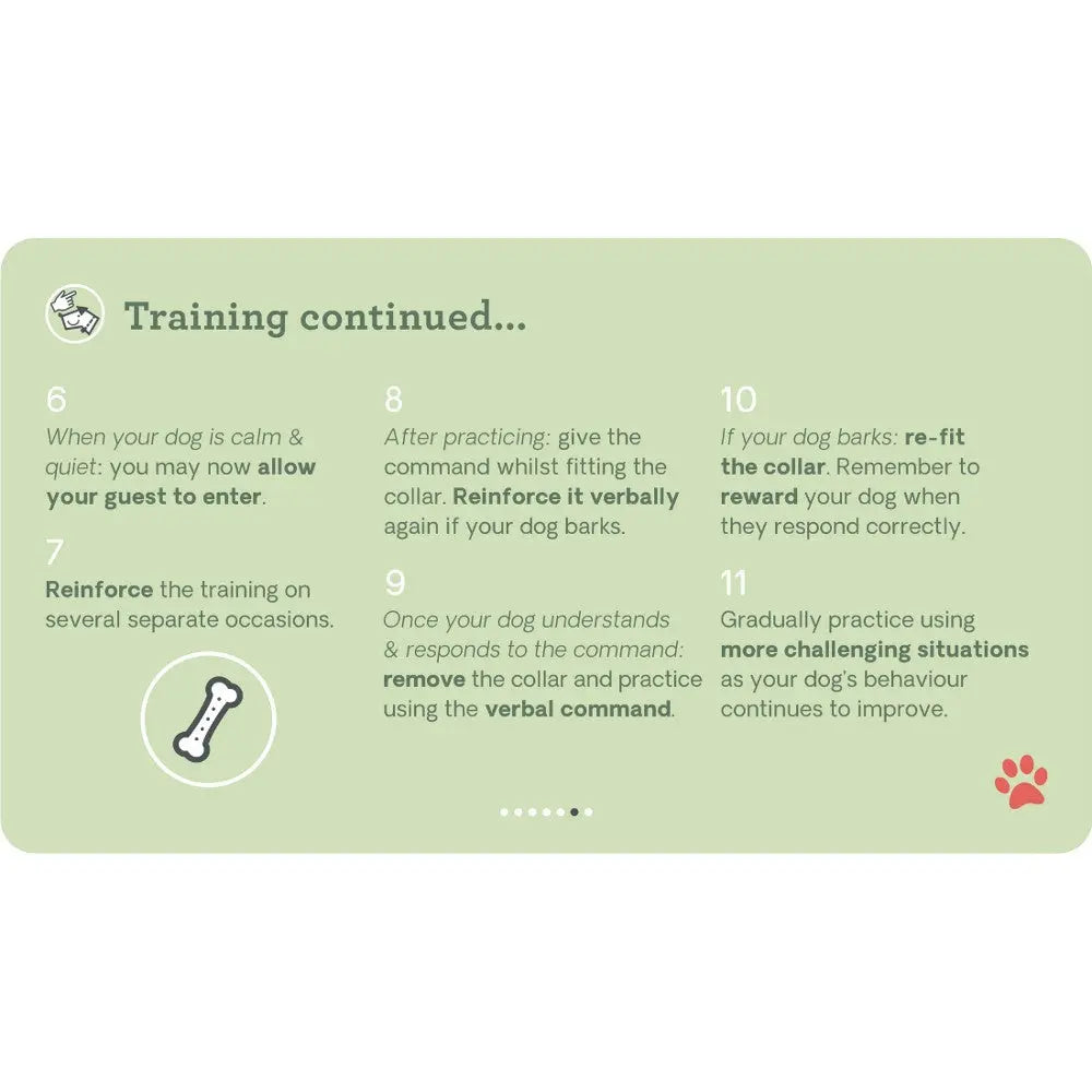 Dog training guide with steps for collar use and reinforcement techniques.