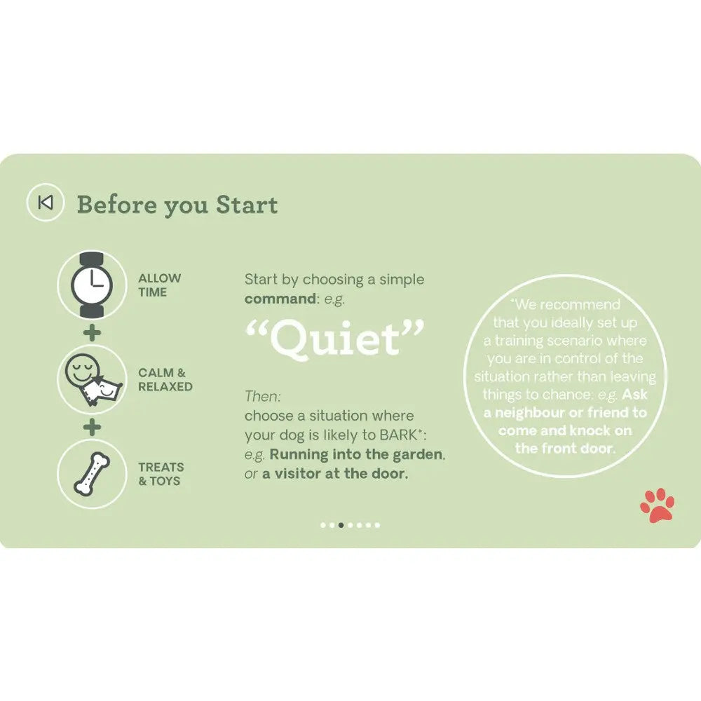 Training guide for dog owners on using the command "Quiet" in various scenarios.