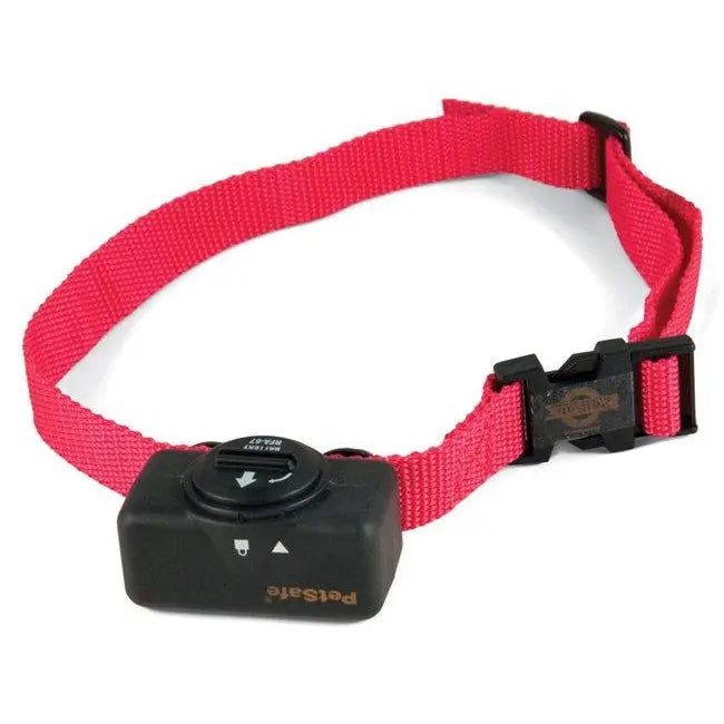 PetSafe collar with adjustable red strap and remote control for training pets effectively.