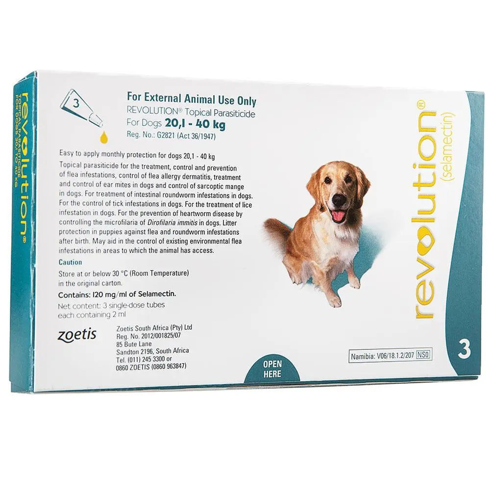 Revolution topical parasite treatment for dogs, featuring packaging and dosage information.