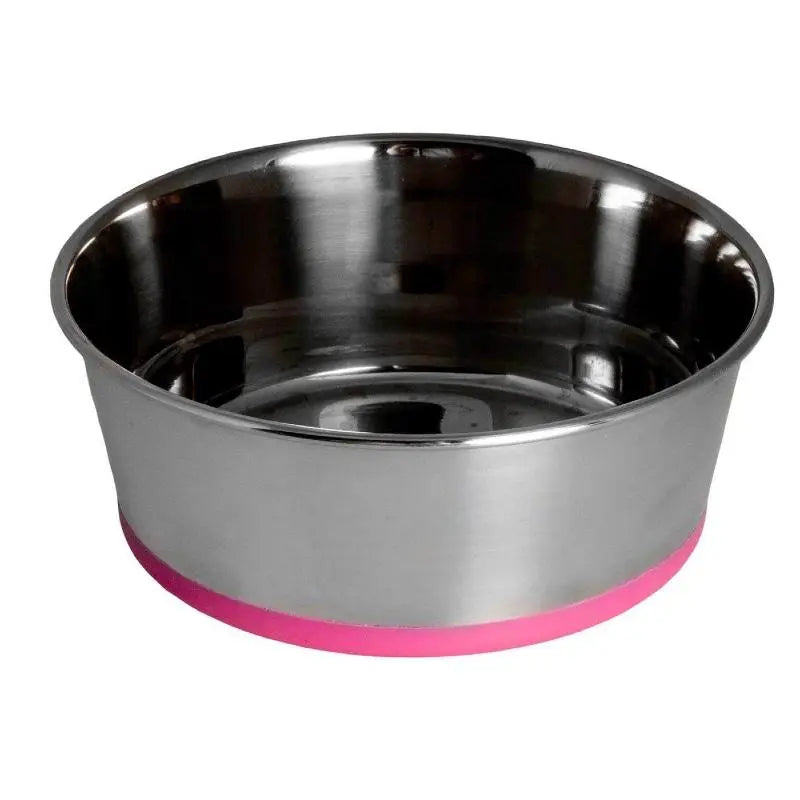 Stainless steel pet bowl with a pink rubber base for stability and easy feeding.