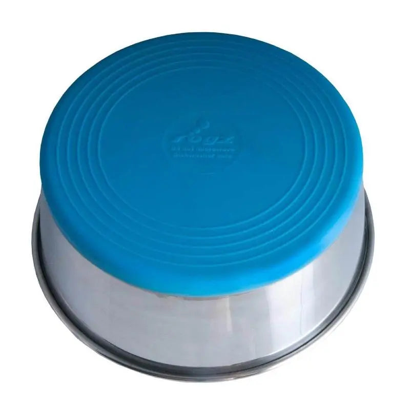 Stainless steel pet bowl with a blue silicone lid for easy storage and feeding.