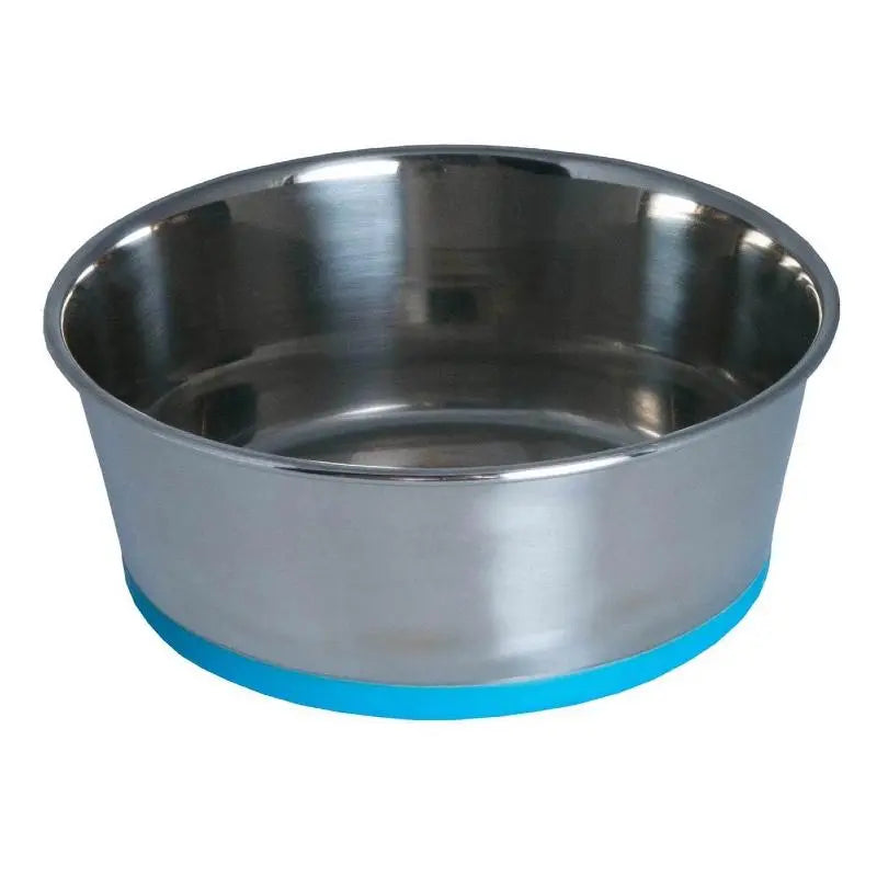 Stainless steel pet bowl with a blue non-slip base for easy feeding.