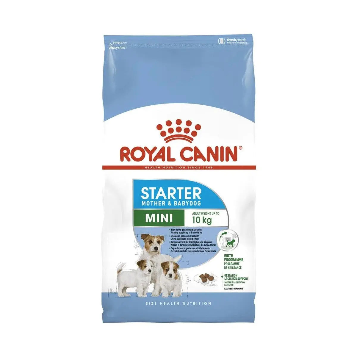 Royal Canin Mini Starter Mother & Babydog food bag, 10 kg, designed for small breed puppies and nursing mothers.