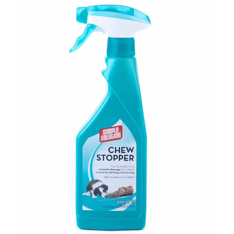 Pet-safe chew stopper spray for preventing destructive chewing on furniture and belongings.