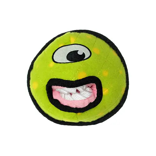 Green plush toy ball with a playful face and teeth, perfect for pet playtime.