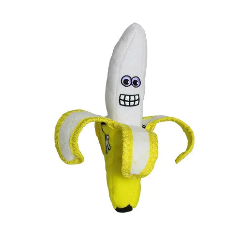 Plush banana toy with a smiling face, perfect for playful pets or as a fun decorative item.