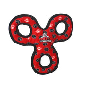 Red dog toy with three handles, designed for tugging and interactive play.