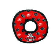 Red plush dog toy with a circular design and black paw prints for playful pets.