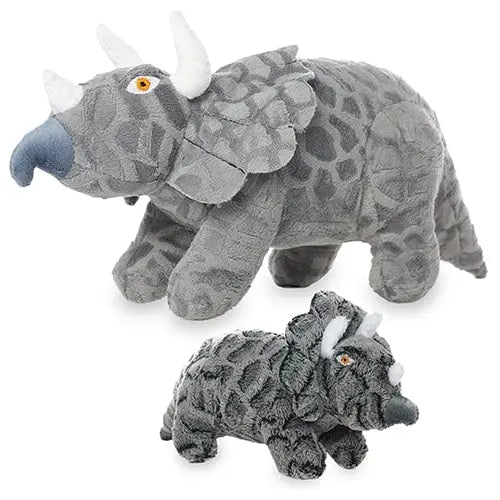 Gray plush triceratops toy set featuring a large and small size, perfect for cuddling and play.
