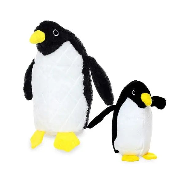 Two plush penguin toys, one large and one small, featuring black and white fur with yellow accents.