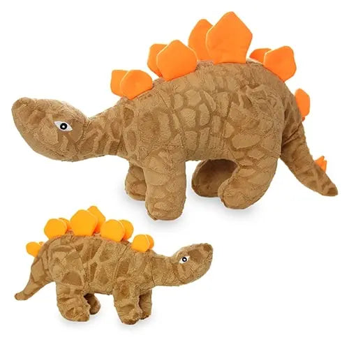 Soft plush stegosaurus toy with vibrant orange spikes, perfect for cuddling and imaginative play.