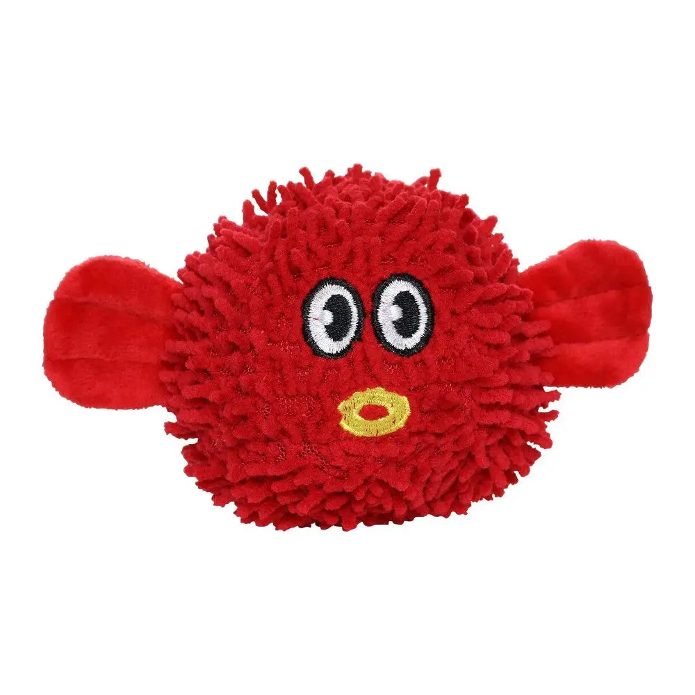 Red plush fish toy with fluffy texture and playful eyes, perfect for pet playtime and cuddling.